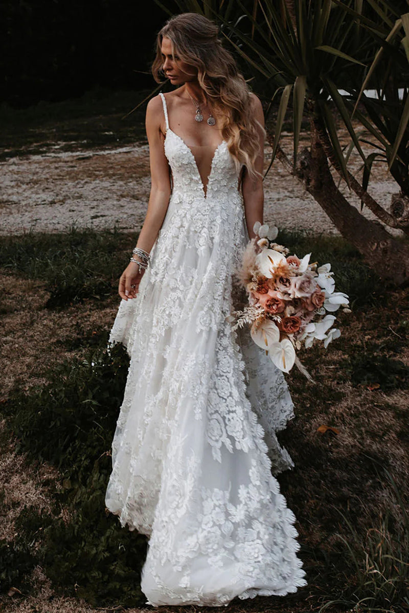 Load image into Gallery viewer, White Boho Lace Deep V-Neck Sweep Train Wedding Dress with Appliques