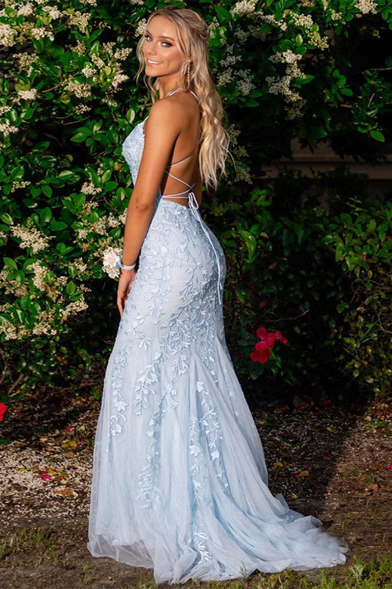 Queendancer Mermaid Blue Long Prom Dress Spaghetti Straps Backless Evening  Dress – queendanceruk