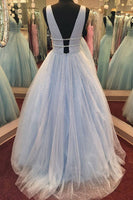 Load image into Gallery viewer, Glitter Deep V-Neck Light Blue Long Prom Dress