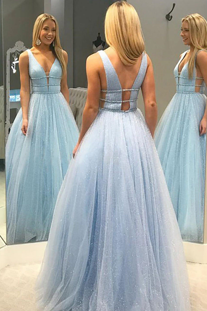 Load image into Gallery viewer, Glitter Deep V-Neck Light Blue Long Prom Dress
