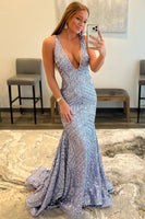 Load image into Gallery viewer, Dark Green Deep V Neck Sequin Mermaid Prom Dress