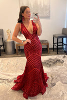Load image into Gallery viewer, Red Sparkly Deep V Neck Sequin Mermaid Prom Dress