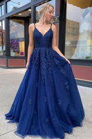 Load image into Gallery viewer, Women Navy Long Prom Dress with Appliques A-Line Spaghetti Straps Lace-Up Back Formal Dress