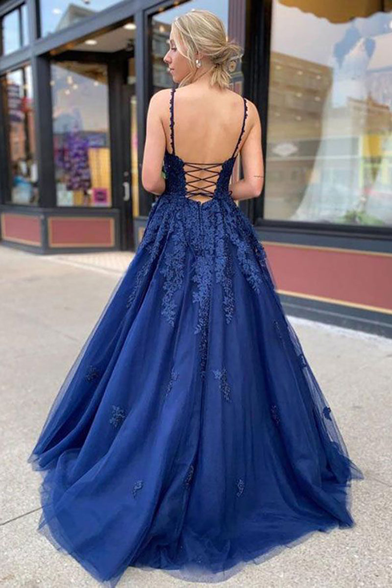 Queendancer Women Navy Long Prom Dress with Appliques A-Line Spaghetti Straps Lace-Up Back Formal Dress queendanceruk Queendancer Women Navy Long Prom Dress with Appliques A-Line Spaghetti Straps Lace-Up Back Formal Dress queendanceruk