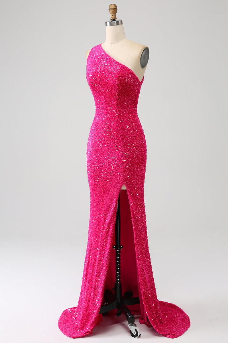 Load image into Gallery viewer, Sparkly Orange Mermaid One Shoulder Sequins Prom Dress with Slit