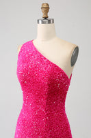Load image into Gallery viewer, Sparkly Orange Mermaid One Shoulder Sequins Prom Dress with Slit