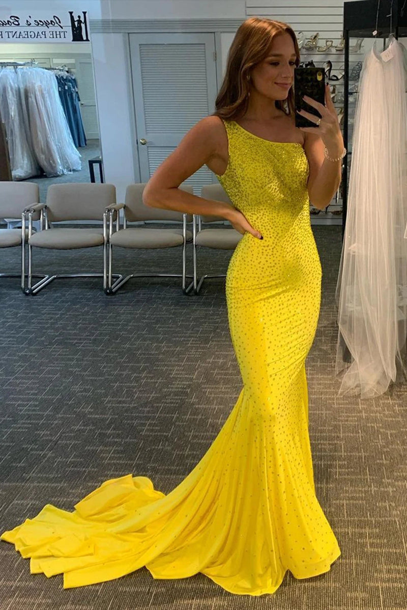 Queendancer Women One Shoulder Beaded Prom Dress Yellow Backless Long Formal Dress queendanceruk Queendancer Women One Shoulder Beaded Prom Dress Yellow Backless Long Formal Dress queendanceruk
