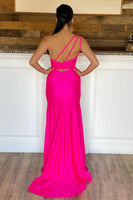 Load image into Gallery viewer, One Shoulder Hot Pink Prom Dress with Slit