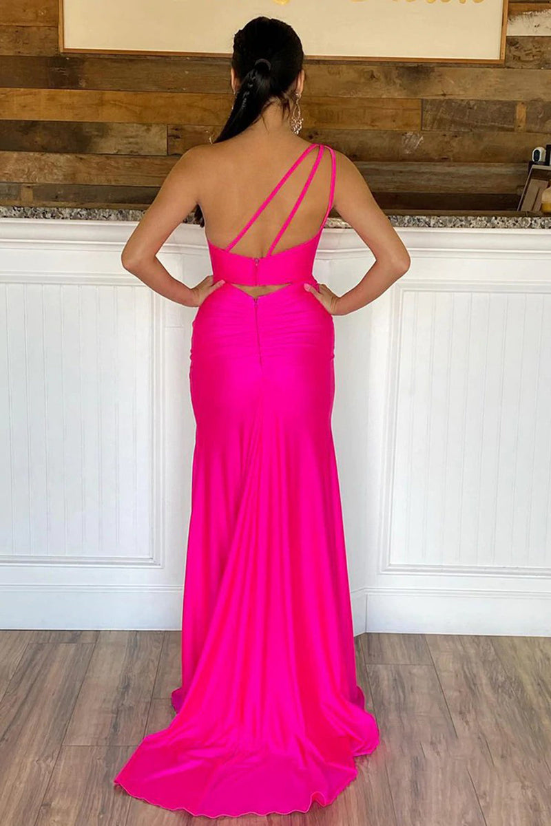Load image into Gallery viewer, One Shoulder Hot Pink Prom Dress with Slit