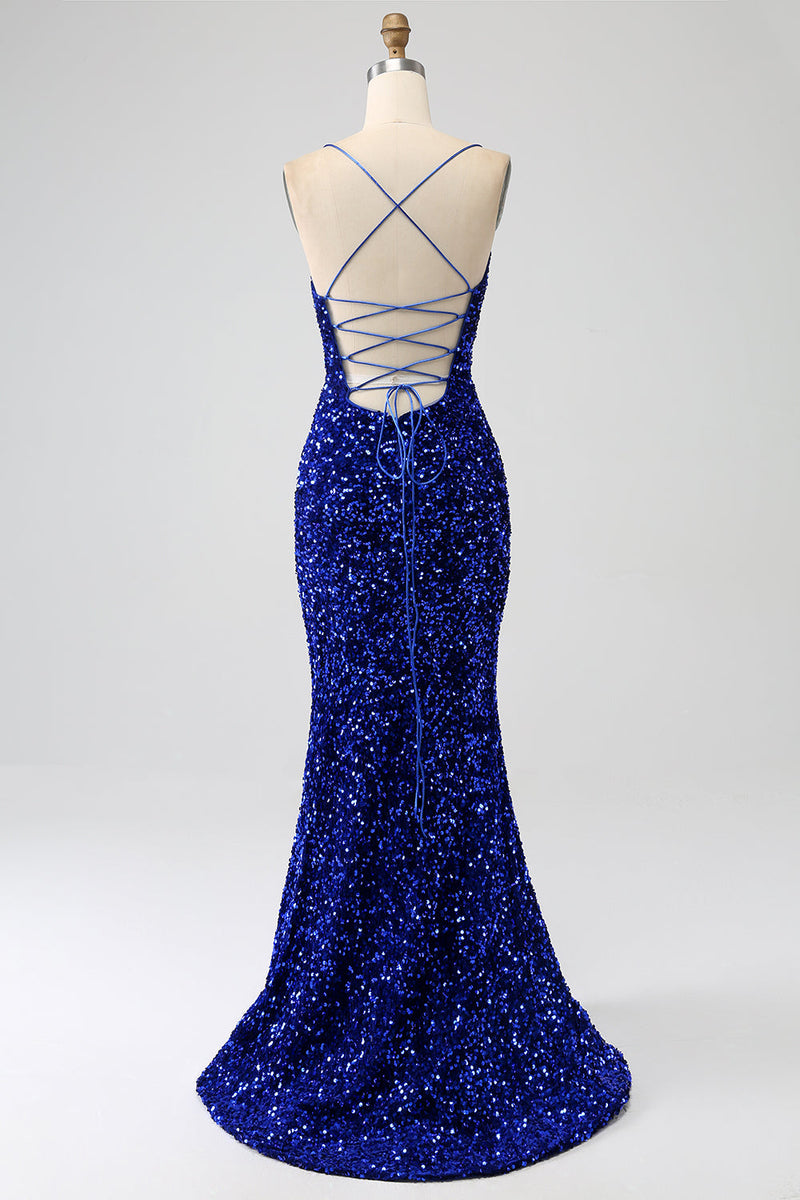 Queendancer Women Royal Blue Long Prom Dress Mermaid Spaghetti Straps  V-Neck Sequin Evening Dress With Split – queendanceruk