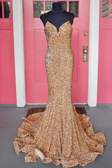 Golden Sweetheart Neck Sequined Mermaid Prom Dress With Sweep Train