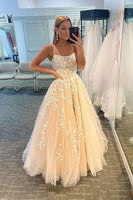 Load image into Gallery viewer, Women Champagne Long Prom Dress with Appliques Tulle Spaghetti Straps Formal Dress
