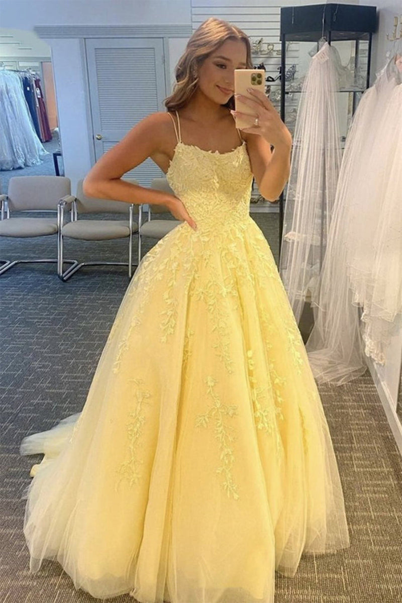 Queendancer Women Yellow Long Prom Dress with Appliques Princess Spaghetti Straps Formal Dress queendanceruk Queendancer Women Yellow Long Prom Dress with Appliques Princess Spaghetti Straps Formal Dress queendanceruk