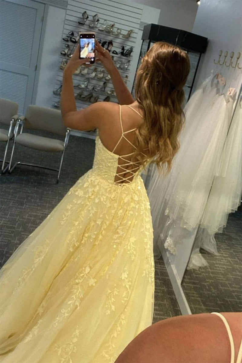 Queendancer Women Yellow Long Prom Dress with Appliques Princess Spaghetti  Straps Formal Dress – queendanceruk