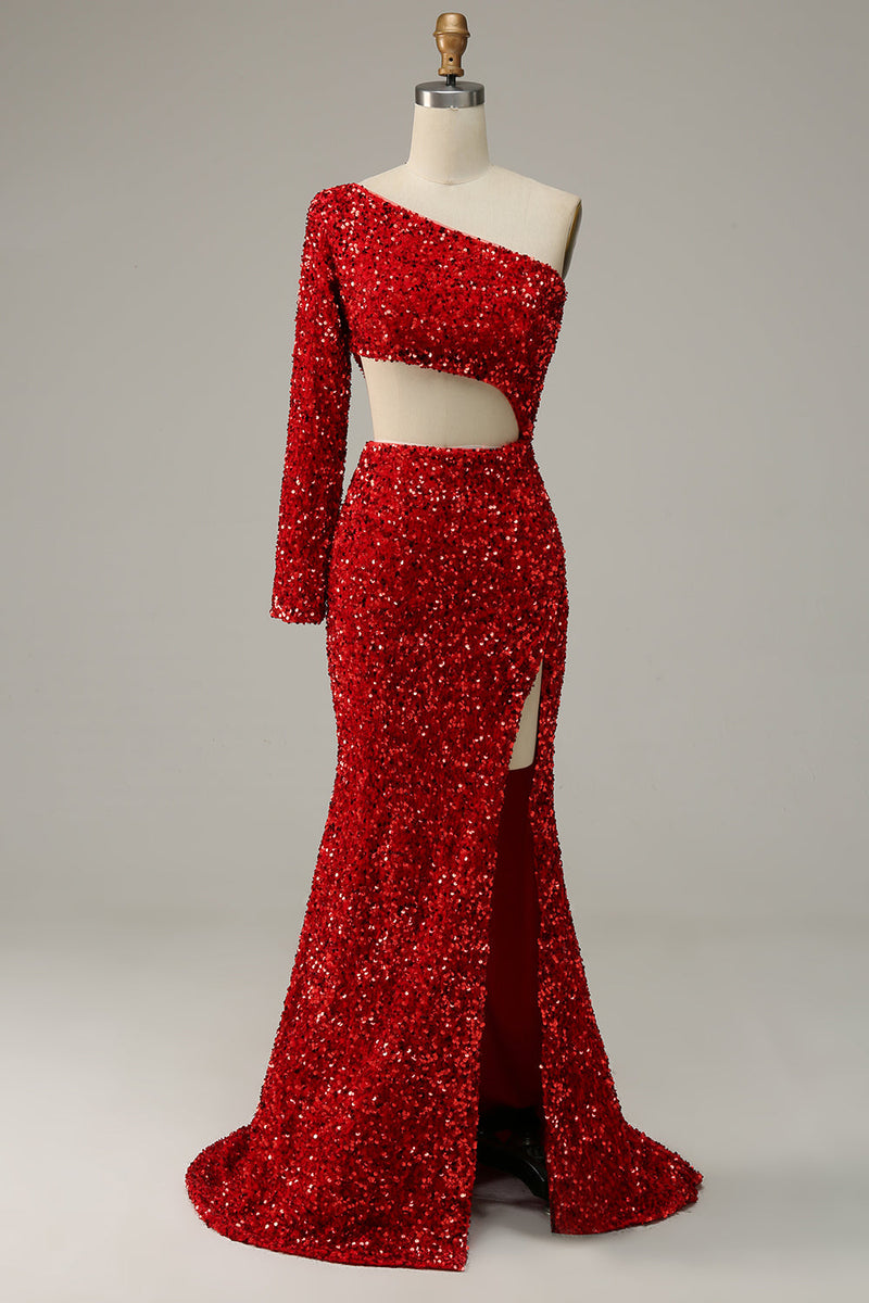 Load image into Gallery viewer, Sheath One Shoulder Red Sequins Long Prom Dress with Silt
