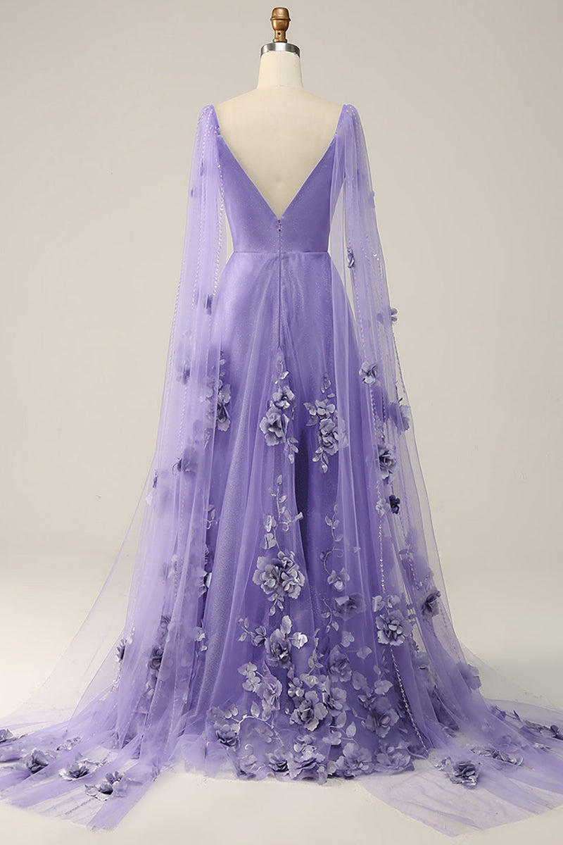 Load image into Gallery viewer, Purple Watteau Train Prom Dress With 3D Flowers