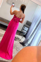 Load image into Gallery viewer, Sparkly Hot Pink Corset Long Sheath Prom Dress with Slit