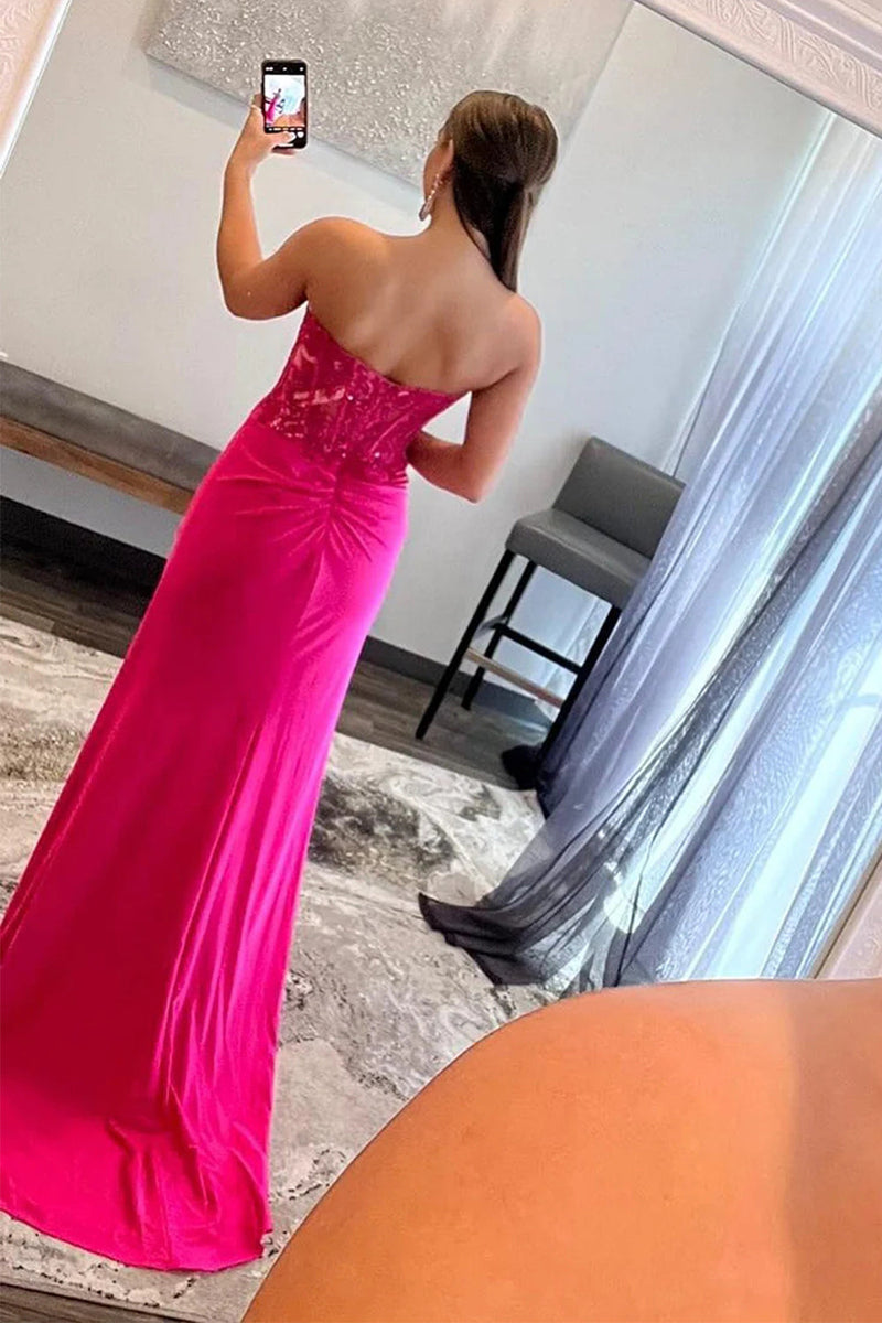 Load image into Gallery viewer, Sparkly Hot Pink Corset Long Sheath Prom Dress with Slit