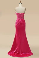 Load image into Gallery viewer, Sparkly Hot Pink Corset Long Sheath Prom Dress with Slit