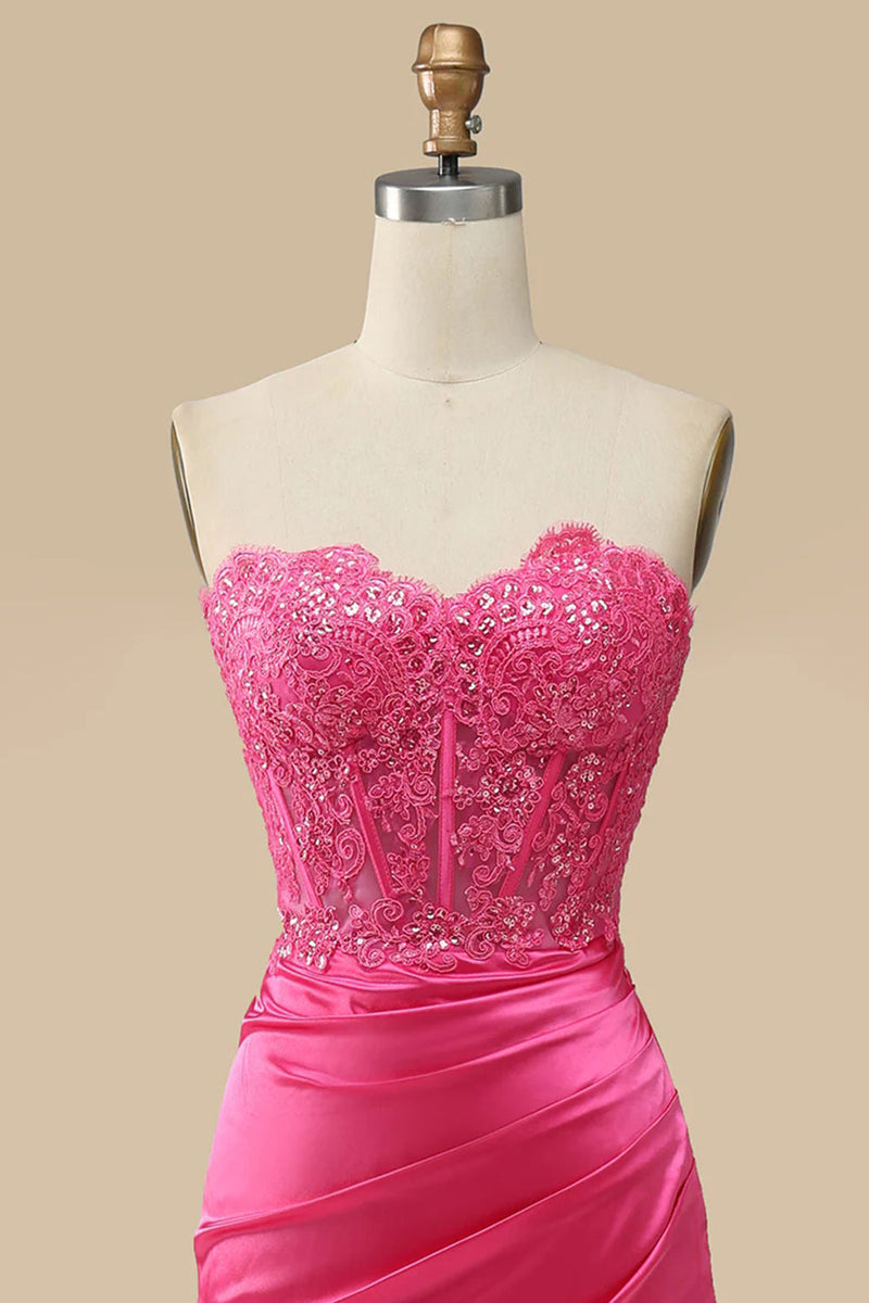 Load image into Gallery viewer, Sparkly Hot Pink Corset Long Sheath Prom Dress with Slit