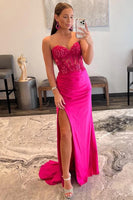Load image into Gallery viewer, Sparkly Hot Pink Corset Long Sheath Prom Dress with Slit