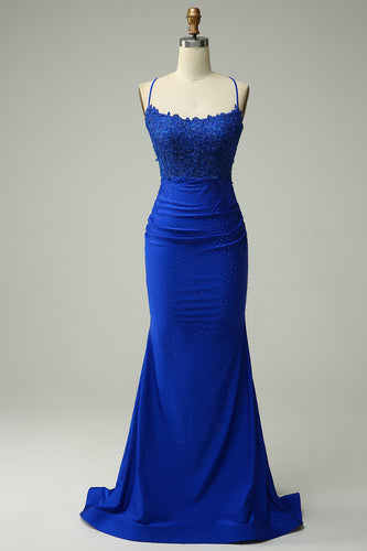 Mermaid Halter Royal Blue Long Prom Dress with Beading