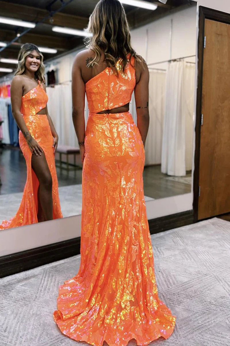 Load image into Gallery viewer, Sparkly Orange Sequin One Shoulder Long Prom Dress with Slit