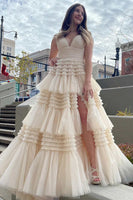 Load image into Gallery viewer, Beige Tulle Tiered Spaghetti Straps Long Prom Dress with Slit