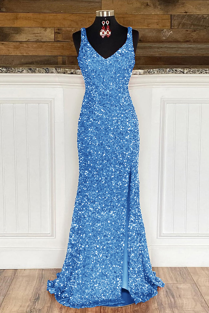 Load image into Gallery viewer, Sheath Spaghetti Straps Red Sequins Prom Dress with Split Front