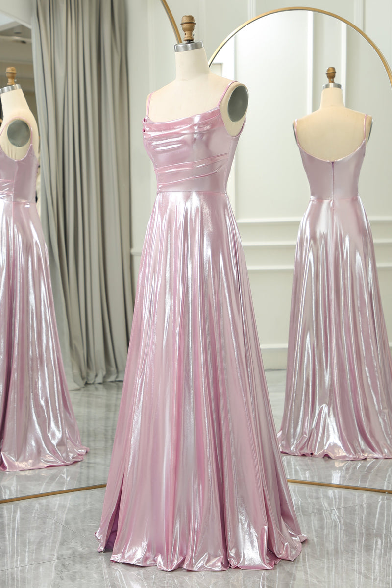 Load image into Gallery viewer, Sparkly Pink A Line Spaghetti Straps Long Prom Dress With Slit
