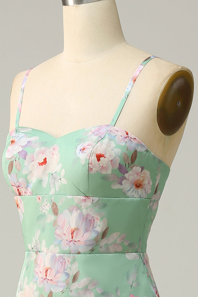 Load image into Gallery viewer, Mermaid Spaghetti Straps Flower Printed Light Green Long Prom Dress