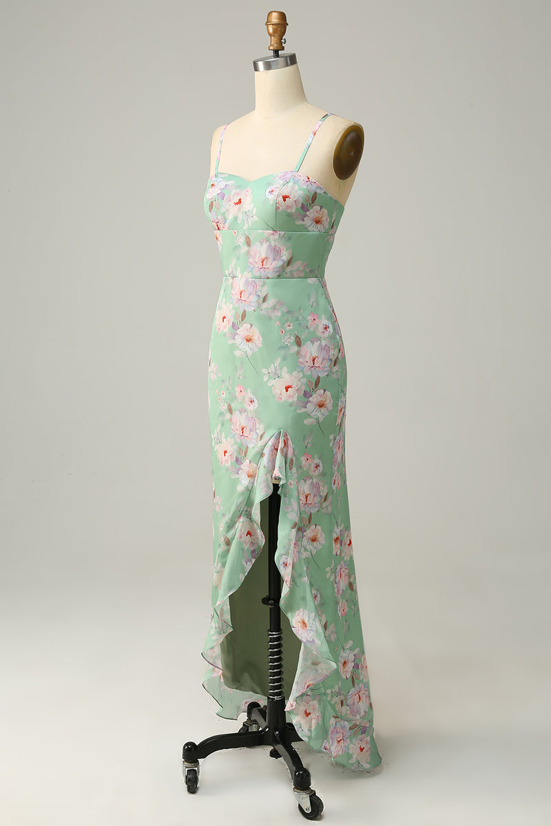 Load image into Gallery viewer, Mermaid Spaghetti Straps Flower Printed Light Green Long Prom Dress