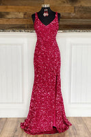 Load image into Gallery viewer, Sheath Spaghetti Straps Red Sequins Prom Dress with Split Front