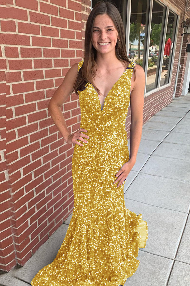 Load image into Gallery viewer, Mermaid Black V-Neck Sequins Long Prom Dress