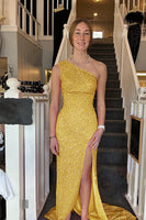 Load image into Gallery viewer, Sheath One Shoulder White Sequins Long Prom Dress with Split Front