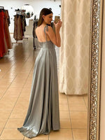 Load image into Gallery viewer, A-Line Spaghetti Straps Light Green Satin Long Prom Dress with Slit