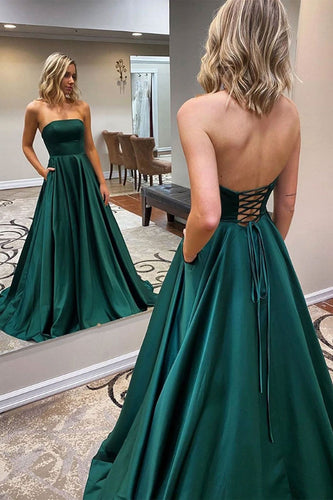 A-Line Strapless Satin Dark Green Long Prom Dress