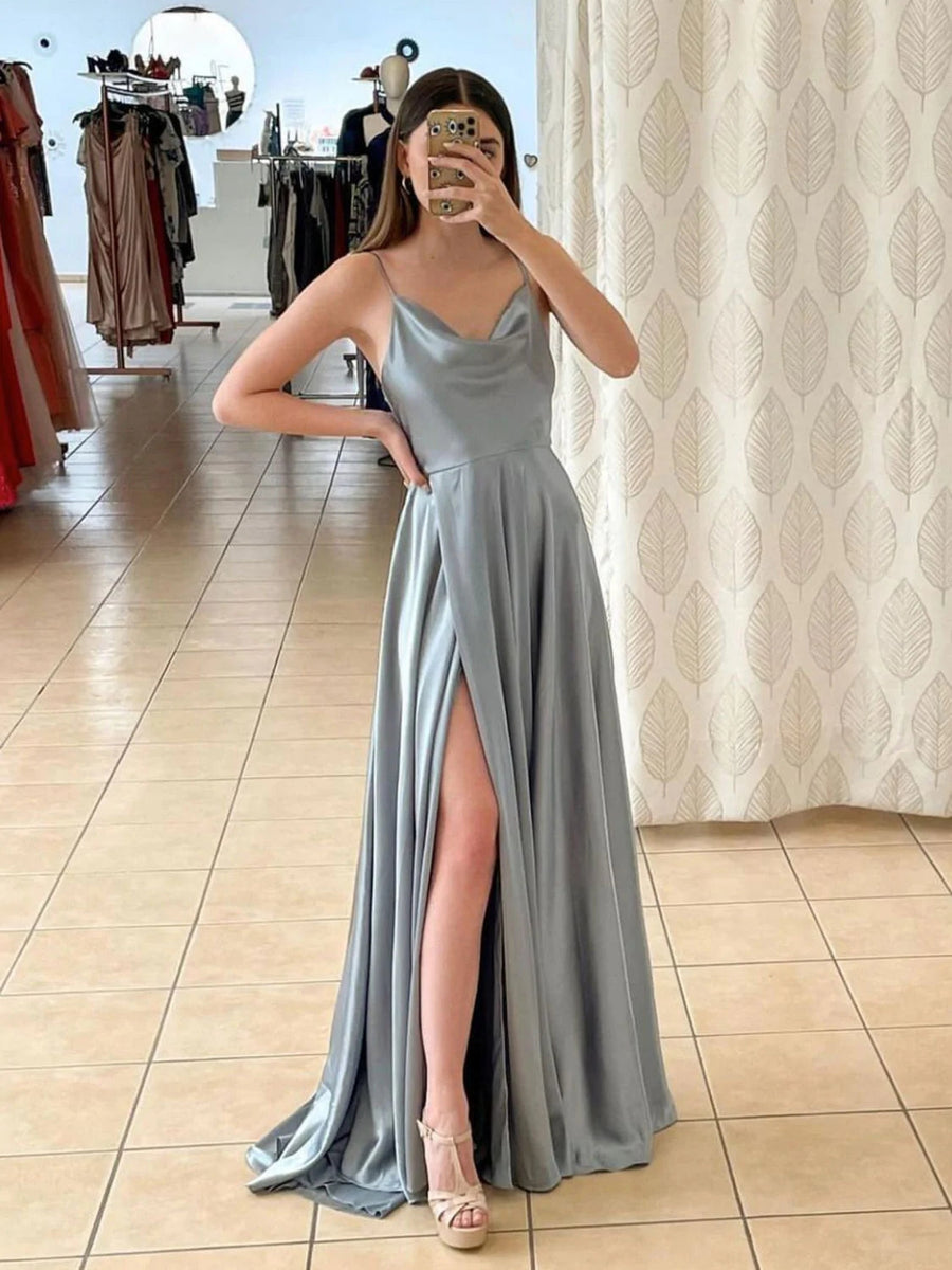 Long grey satin best sale dress