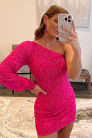 Load image into Gallery viewer, Hot Pink Beaded Sequins One Shoulder Tight Party Dress