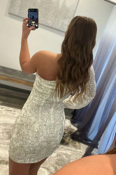White Beaded Sequins One Shoulder Tight Short Prom Dress