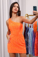 Load image into Gallery viewer, Sparkly Orange Cut Out Open Back One Shoulder Sequins Tight Party Dress