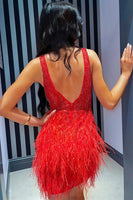 Load image into Gallery viewer, Red Beaded Sequins Tight Prom Dress with Feathers