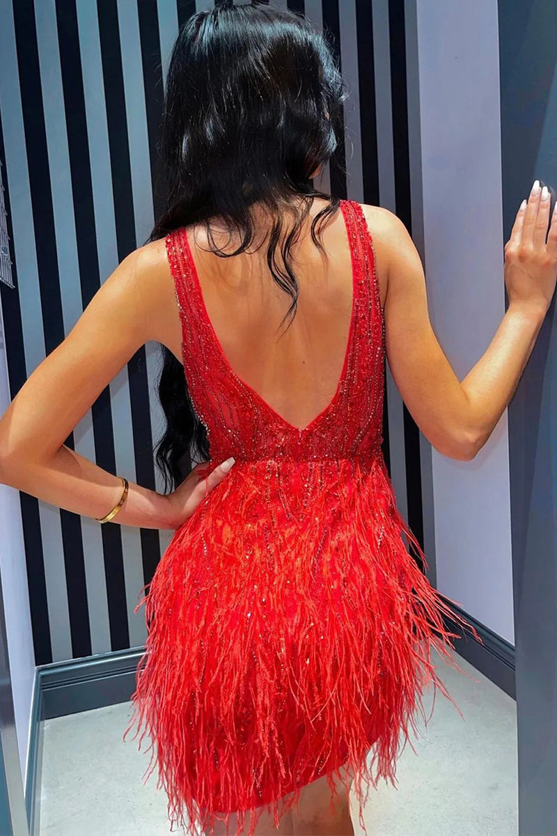 Load image into Gallery viewer, Red Beaded Sequins Tight Prom Dress with Feathers