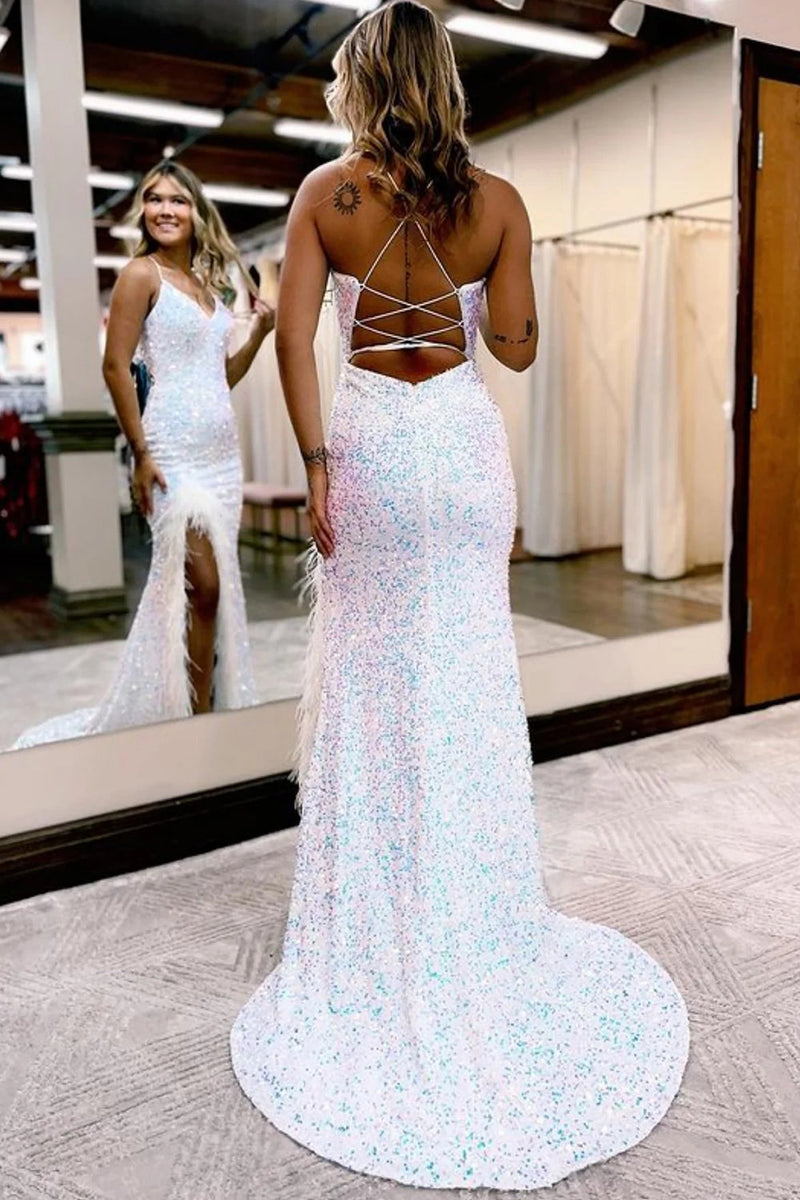 Load image into Gallery viewer, Sparkly Royal Blue Sequins Long Mermaid Prom Dress with Feathers