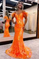 Load image into Gallery viewer, Sparkly Mermaid Orange Long Prom Dress with Feathers