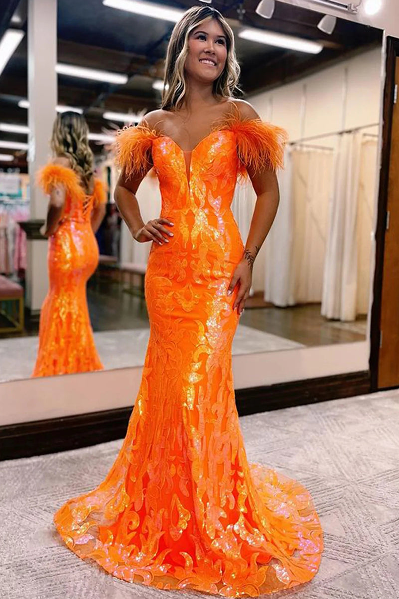 Load image into Gallery viewer, Sparkly Mermaid Orange Long Prom Dress with Feathers