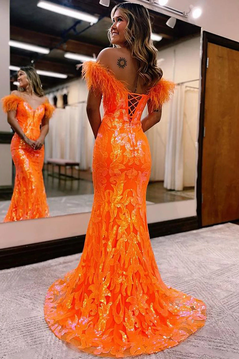 Load image into Gallery viewer, Sparkly Mermaid Orange Long Prom Dress with Feathers
