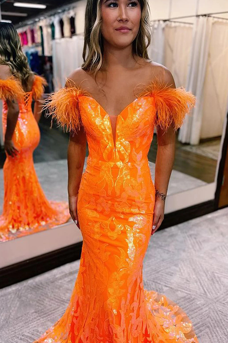 Load image into Gallery viewer, Sparkly Mermaid Orange Long Prom Dress with Feathers