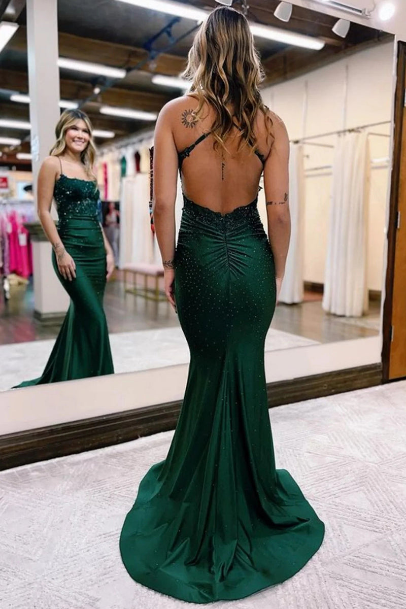 Queendancer Women Sparkly Dark Green Beaded Long Prom Dress