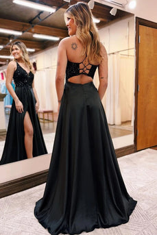 Sparkly Black A-Line Long Prom Dress with Pockets